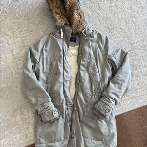 Abercrombie & Fitch Gray Utility Jacket with Faux Fur Hood